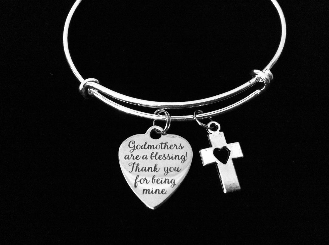 Godmother Bracelet | Godmothers Are a Blessing Thank You for Being Mine | Silver Expandable Charm Bangle | Meaningful Godmother Gift