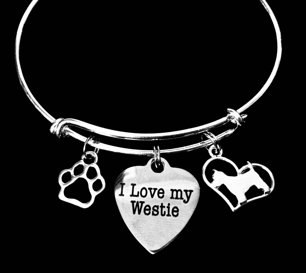 I Love My Westie Dog Charm Bracelet Silver Adjustable Wire Bangle 