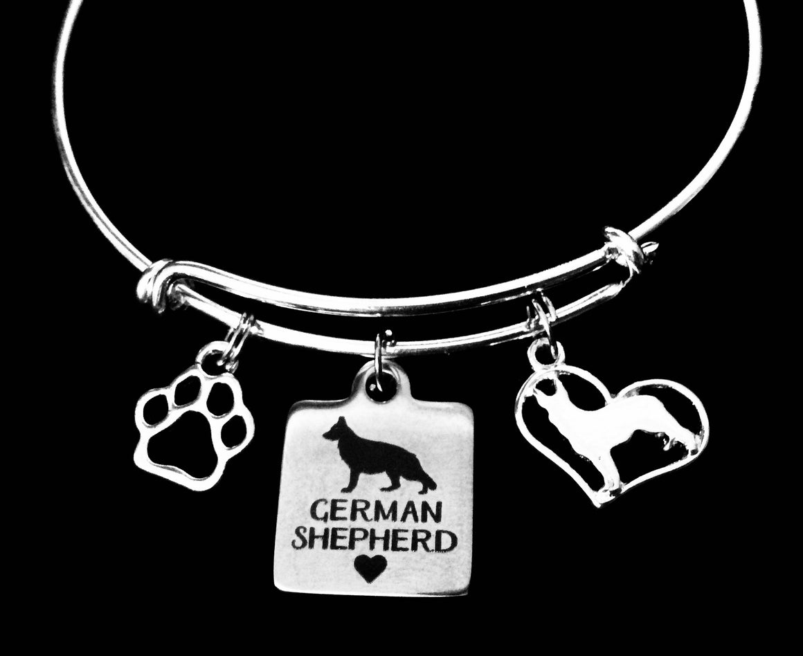 German Shepherd Jewelry Dog Expandable Charm Bracelet Silver Adjustable Wire Bangle Paw Print Pet Animal Lover