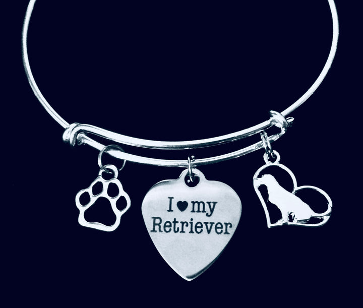 I Love My Retriever Bracelet Gift – Silver Expandable Bangle with Paw Print &amp; Dog Charm, Labrador Retriever Jewelry for Dog Lovers
