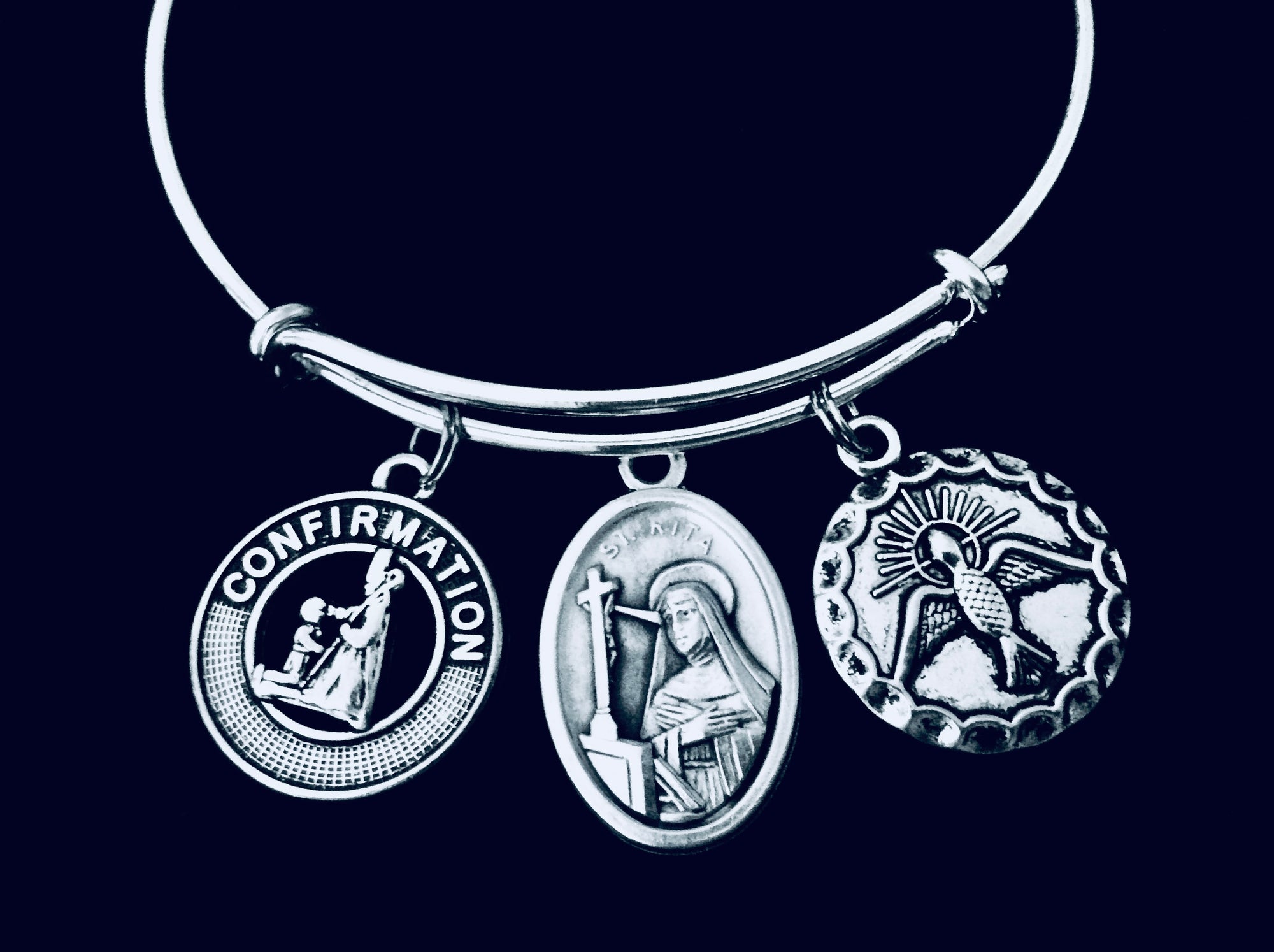 Confirmation Jewelry Saint Rita Expandable Charm Bracelet Silver Adjustable Bangle Medal Catholic Gift Dove