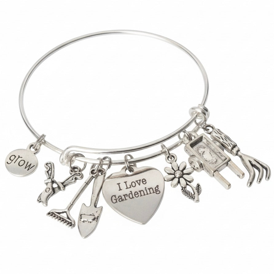 Gardening Bracelet - Silver Expandable Bangle with Garden Tool Charms - Gardener Gift