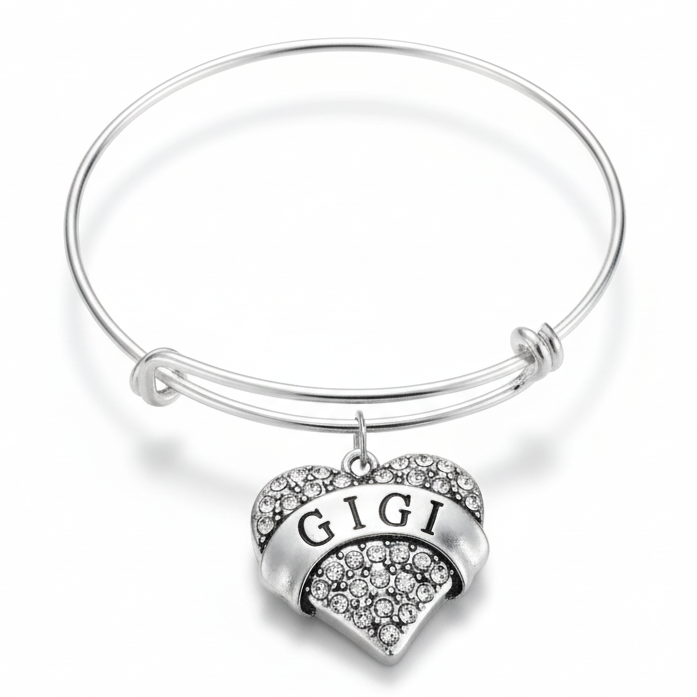 Silver bracelet with a heart-shaped 'GIGI' charm on a white background