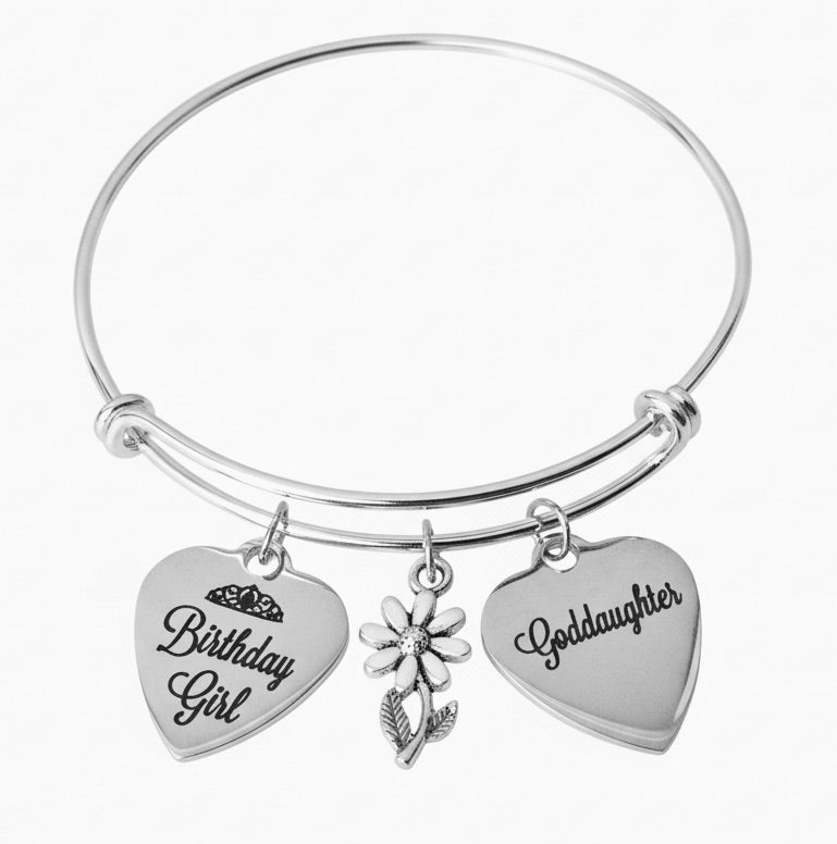 Silver expandable bangle bracelet with Birthday Girl tiara crown heart charm, daisy flower charm, and Goddaughter heart charm – Goddaughter birthday gift jewelry by Jules Obsession