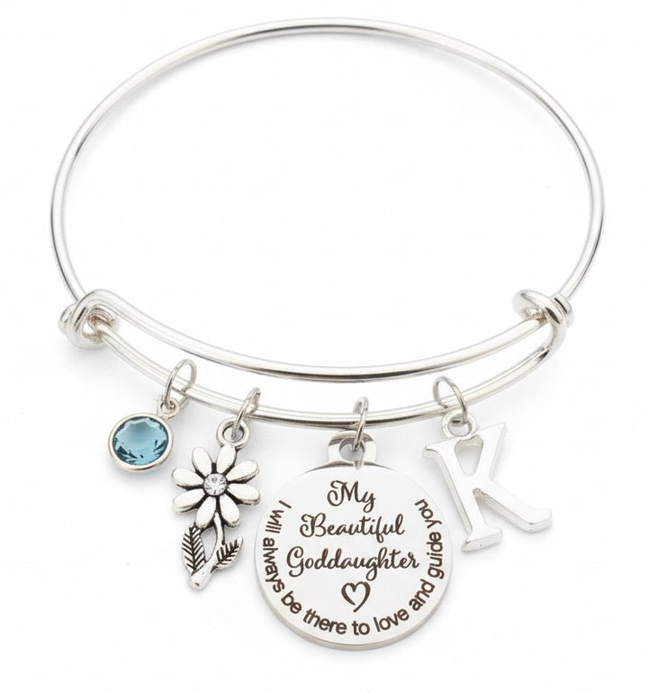 Goddaughter Gift Bracelet - Personalized Silver Charm Bangle with Birthstone, Initial &amp; Flower Charm