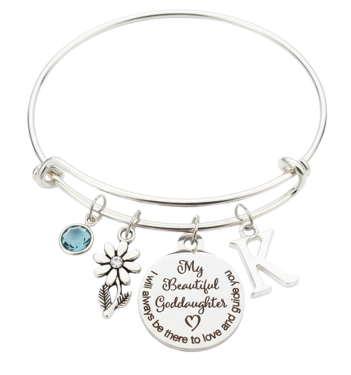 Goddaughter Gift Bracelet - Personalized Silver Charm Bangle with Birthstone, Initial &amp; Flower Charm