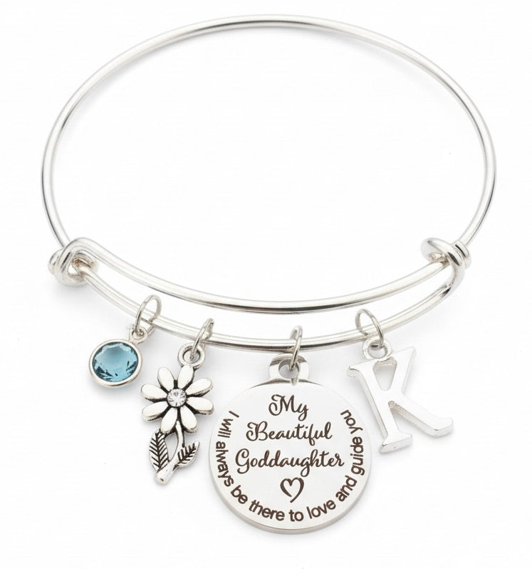 Goddaughter Gift Bracelet - Personalized Silver Charm Bangle with Birthstone, Initial & Flower Charm