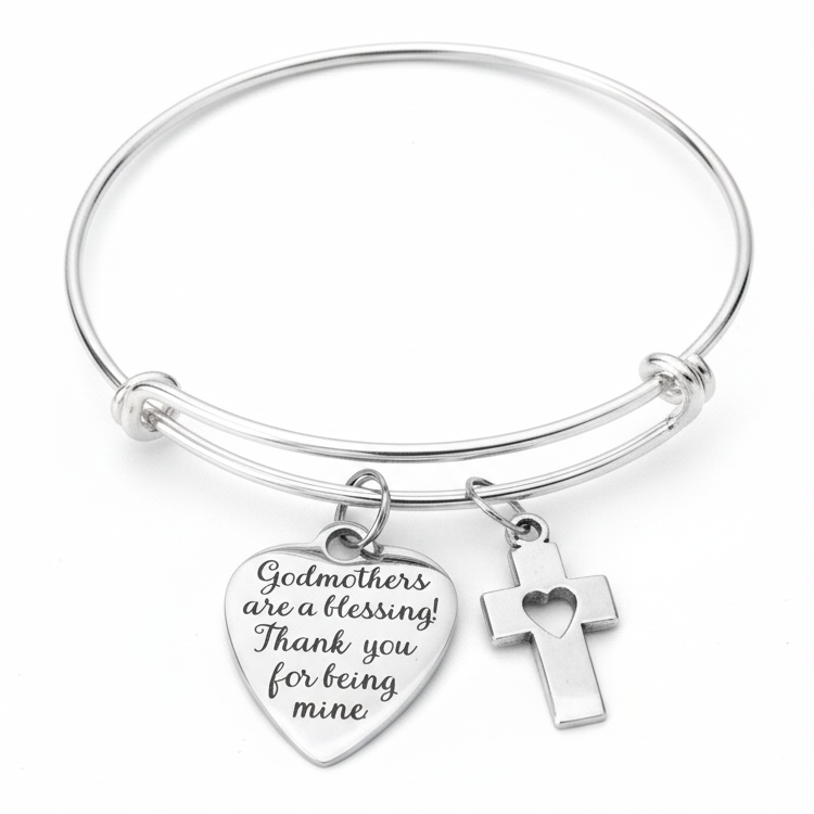 Professional product photo of silver godmother charm bracelet with engraved blessing heart charm and cross with heart charm on white background — expandable bangle godmother jewelry gift