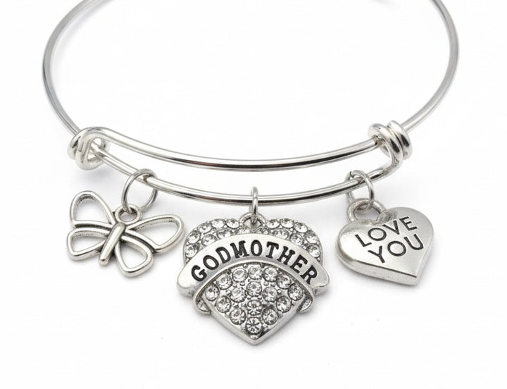 Godmother Bracelet – Crystal Heart, Butterfly &amp; I Love You Silver Charm Bangle Gift