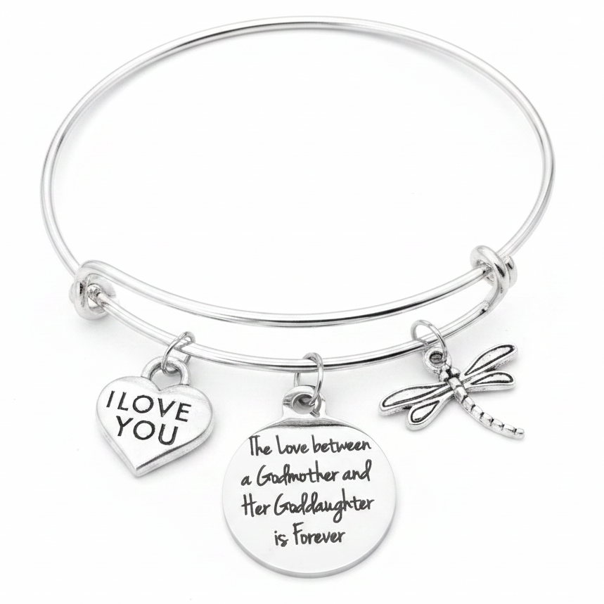 Silver expandable charm bracelet with engraved 'The Love Between a Godmother and Her Goddaughter is Forever' disc, I Love You heart charm, and dragonfly charm - adjustable bangle gift for godmother or goddaughter