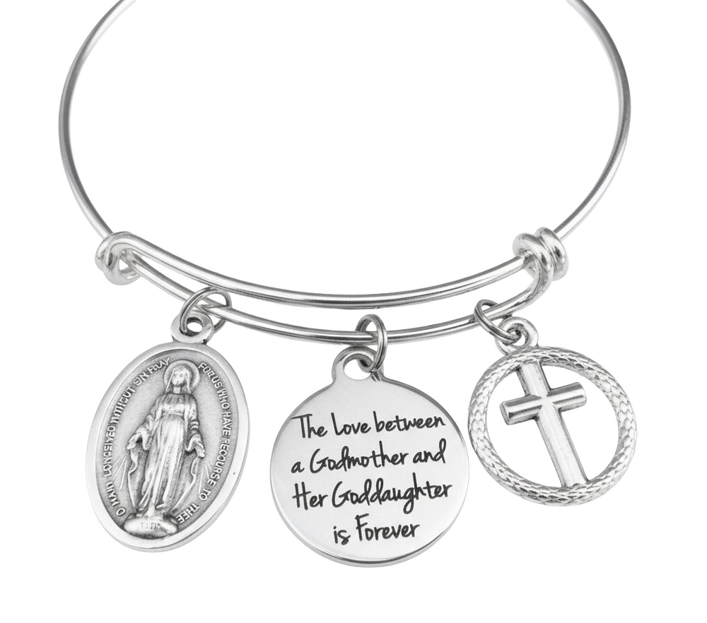 Godmother Goddaughter Bracelet – Silver Expandable Bangle with Cross, Virgin Mary Medal & Forever Love Charm – Religious Gift