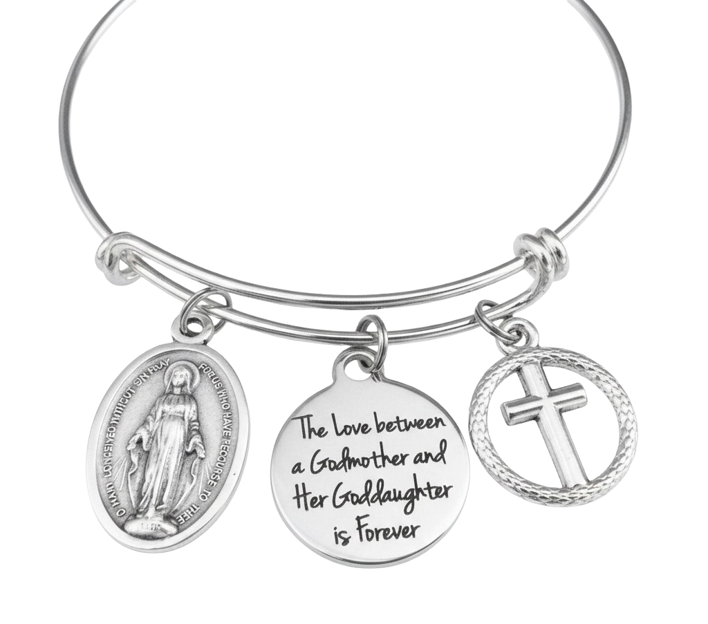 Godmother Goddaughter Bracelet – Silver Expandable Bangle with Cross, Virgin Mary Medal &amp; Forever Love Charm – Religious Gift