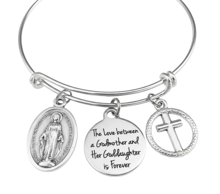 Godmother Goddaughter Bracelet – Silver Expandable Bangle with Cross, Virgin Mary Medal &amp; Forever Love Charm – Religious Gift