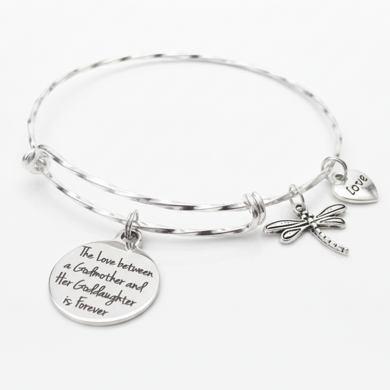 Godmother Goddaughter Bracelet – “The Love Between a Godmother and Her Goddaughter is Forever” Twisted Silver Charm Bangle