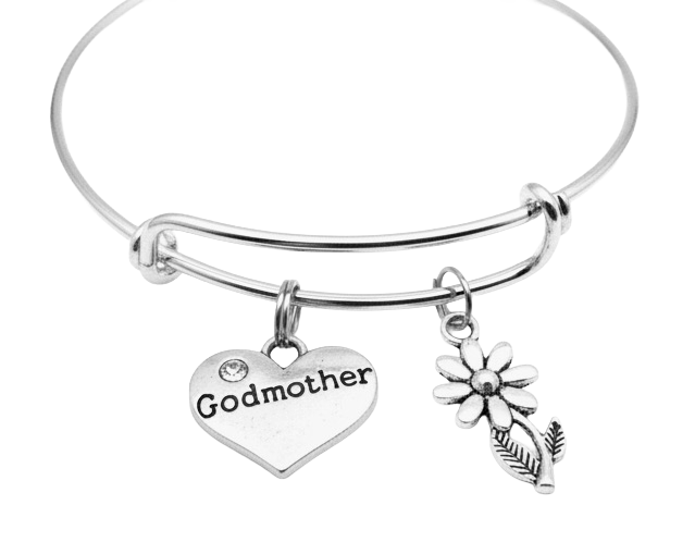 Godmother Bracelet – Heart &amp; Daisy Silver Charm Bangle | Baptism &amp; Godmother Gift