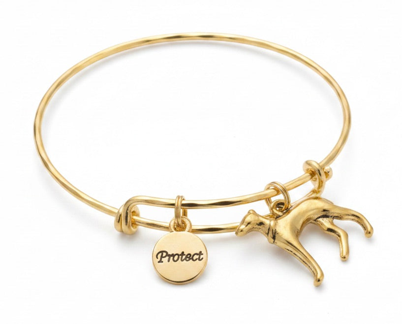 Gold bangle bracelet with a kangaroo charm and a small round disc charm engraved with the word &