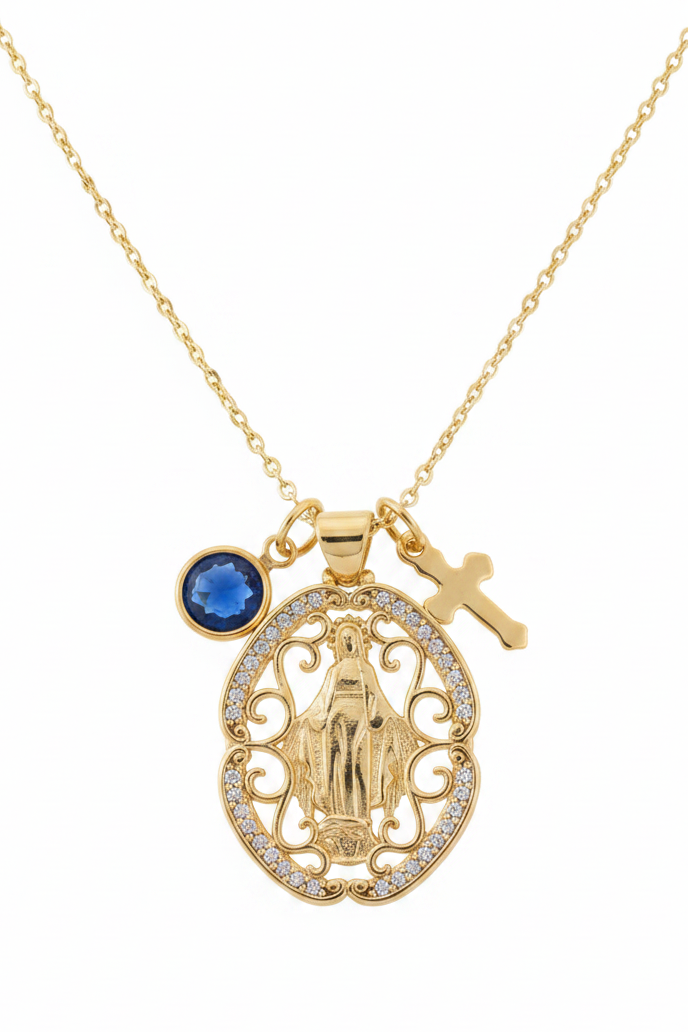 18K gold plated Miraculous Medal necklace with Virgin Mary filigree pendant, gold cross charm, and blue sapphire birthstone on delicate gold cable chain – Jules Obsession