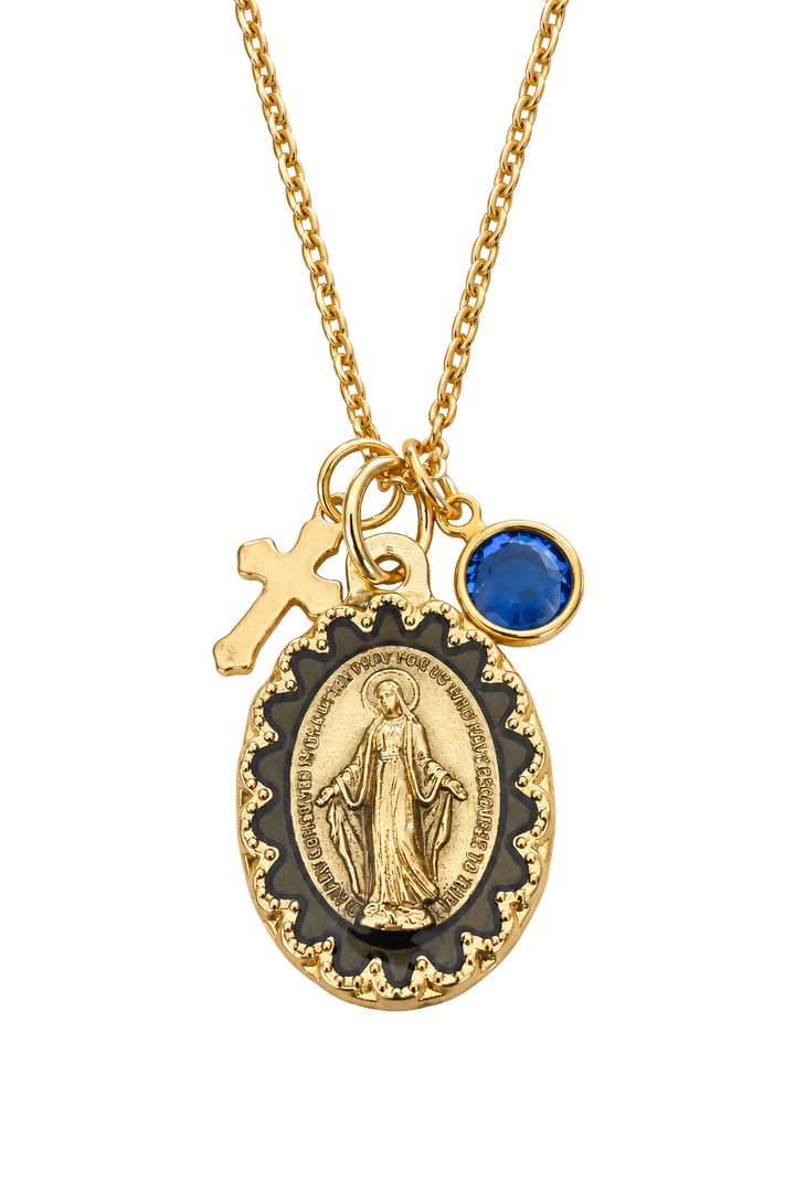Gold chain necklace with a Miraculous Medal pendant, a small gold cross charm, and a round birthstone