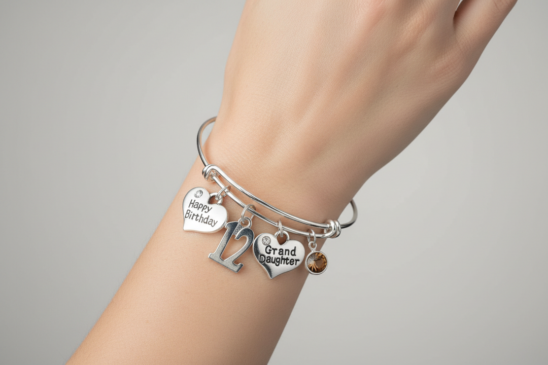 Granddaughter 12th Birthday Bracelet, Silver Expandable Charm Bangle, Happy Birthday Gift, Adjustable Jewelry, Granddaughter Gift from Grandma Grandpa