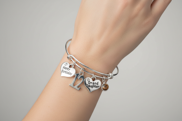 Granddaughter 12th Birthday Bracelet, Silver Expandable Charm Bangle, Happy Birthday Gift, Adjustable Jewelry, Granddaughter Gift from Grandma Grandpa