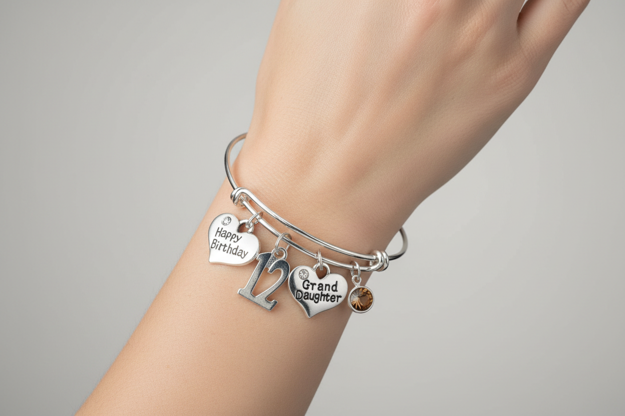 Granddaughter 12th Birthday Bracelet, Silver Expandable Charm Bangle, Happy Birthday Gift, Adjustable Jewelry, Granddaughter Gift from Grandma Grandpa