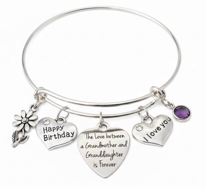 Granddaughter Grandmother Birthstone Charm Bracelet | Personalized Birthday Gift | Adjustable Silver Bangle | I Love You Gift