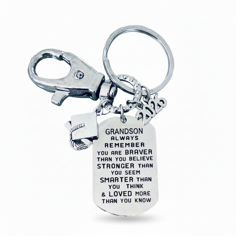 Personalized Grandson Inspirational Keychain Class of 2026 Graduation Gift Silver Engraved Braver Stronger Smarter Quote Keepsake for High School College Middle School Milestone Encouragement Gift
