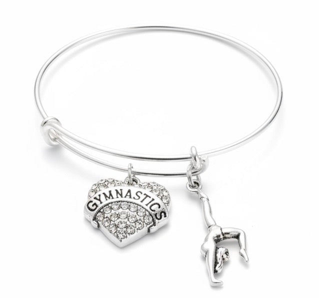 Gymnastics Bracelet | Crystal Heart Charm &amp; Gymnast Silhouette Bangle | Gift for Gymnast | Girls Gymnastics Jewelry | Gymnastics Team Gift