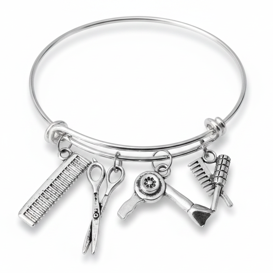 Silver expandable charm bracelet with hairstylist charms including scissors, blow dryer, comb and brush – adjustable bangle gift for hair stylists and cosmetologists by Jules Obsession