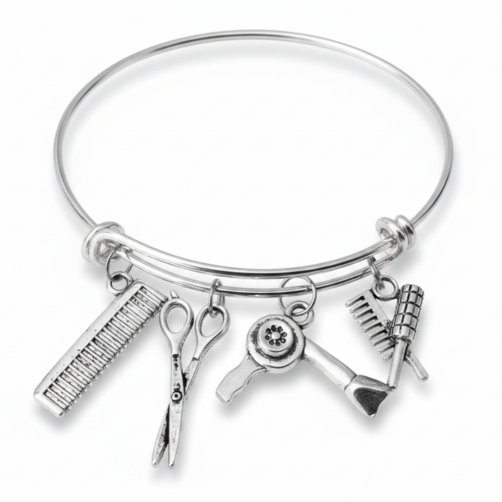 Silver expandable charm bracelet with hairstylist charms including scissors, blow dryer, comb and brush – adjustable bangle gift for hair stylists and cosmetologists by Jules Obsession