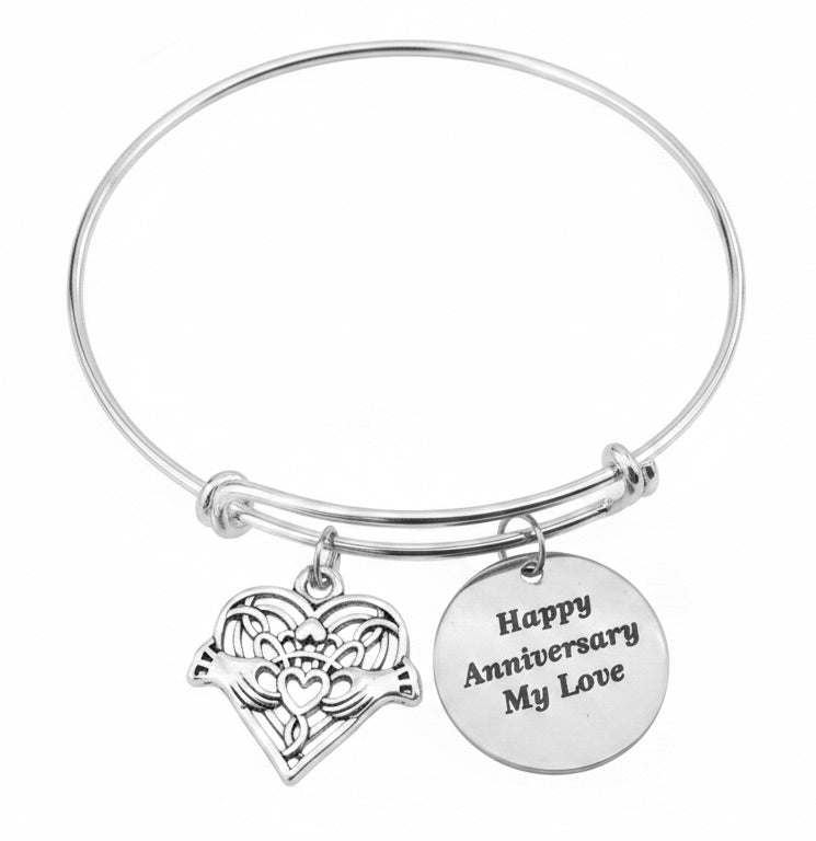 Happy Anniversary My Love engraved disc charm bracelet with Celtic Claddagh filigree heart charm on silver adjustable bangle – anniversary gift jewelry for her