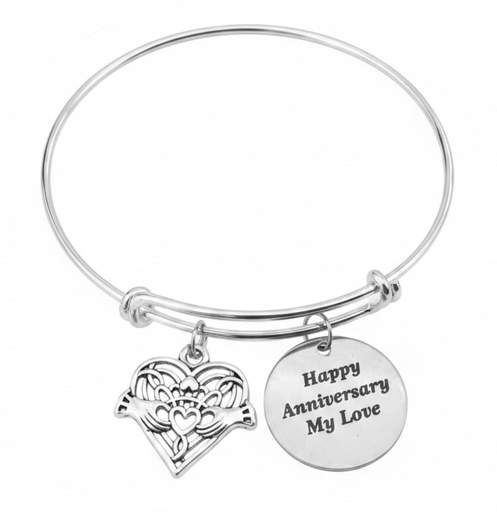 Happy Anniversary My Love engraved disc charm bracelet with Celtic Claddagh filigree heart charm on silver adjustable bangle – anniversary gift jewelry for her