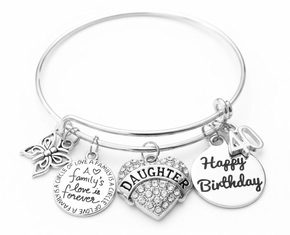 40th Birthday Gift for Daughter – Happy Birthday Charm Bangle Bracelet