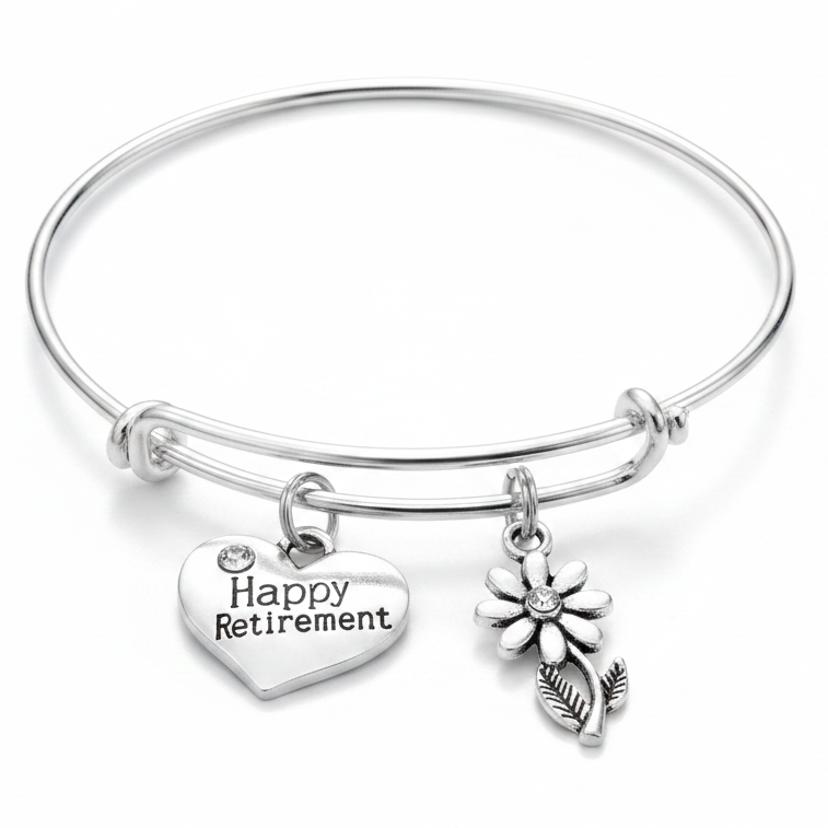 Silver expandable charm bracelet with Happy Retirement engraved heart charm and daisy flower charm – adjustable bangle retirement gift for women by Jules Obsession