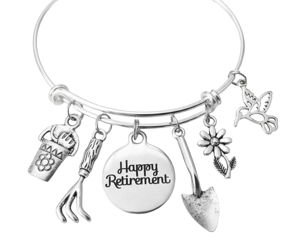 Happy Retirement garden charm bracelet with hummingbird, daisy, rake, trowel, flower pot and Happy Retirement disc charms on silver expandable bangle by Jules Obsession