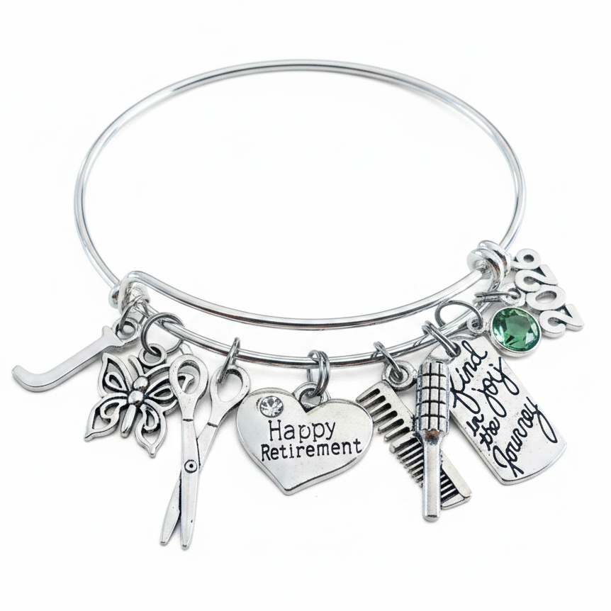 Happy Retirement hairstylist charm bracelet with scissors, butterfly, comb, brush, Find the Joy in the Journey tag, birthstone crystal, 2026 year charm and initial on silver expandable bangle

