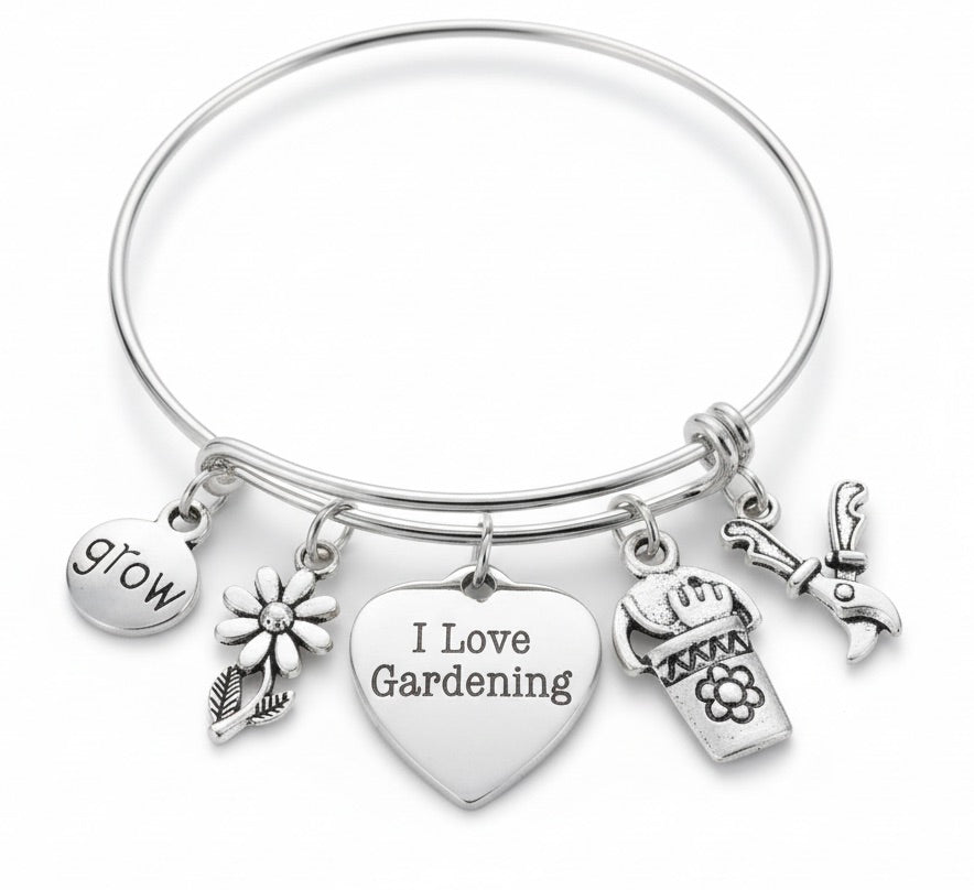 I Love Gardening heart charm bracelet with grow disc, daisy flower, flower pot and pruning shears silver charms on adjustable expandable bangle gift for gardeners by Jules Obsession