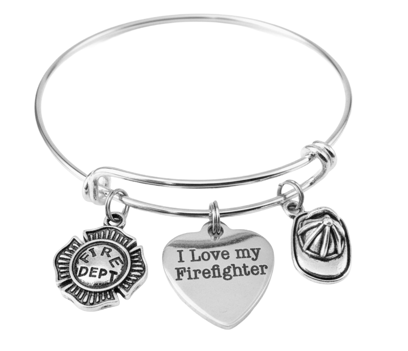 Firefighter Wife Bracelet – Expandable Charm Bangle with Firefighter Helmet & Heart Charms – Gift for Firefighter's Wife

