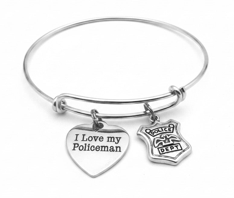 I Love My Policeman engraved heart charm bracelet with police badge charm on silver adjustable bangle – police wife gift jewelry