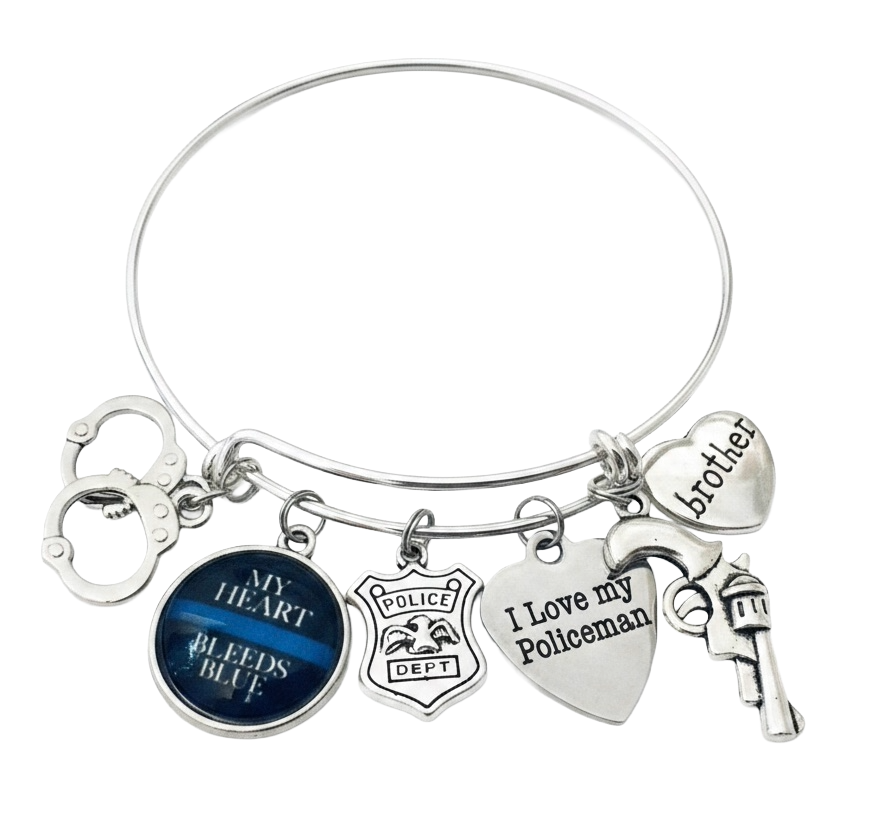 Police brother charm bracelet with handcuffs, My Heart Bleeds Blue cabochon, police badge, I Love My Policeman heart charm, revolver, and brother heart charm on silver adjustable bangle