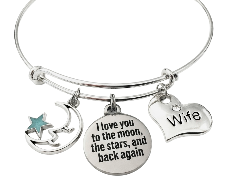 Silver expandable wife charm bracelet featuring a crescent moon and teal star charm, I Love You to the Moon the Stars and Back Again engraved disc, and Wife heart charm with crystal — romantic gift for wife