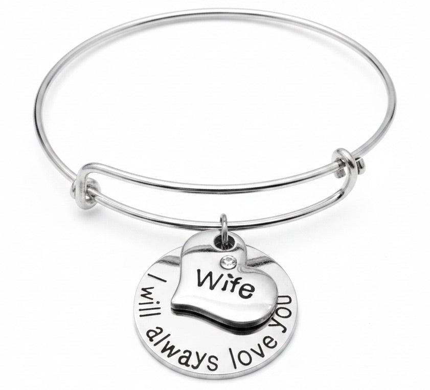 Silver expandable double wire bangle bracelet with layered Wife heart charm with crystal and I Will Always Love You engraved round disc — romantic forever love gift for wife