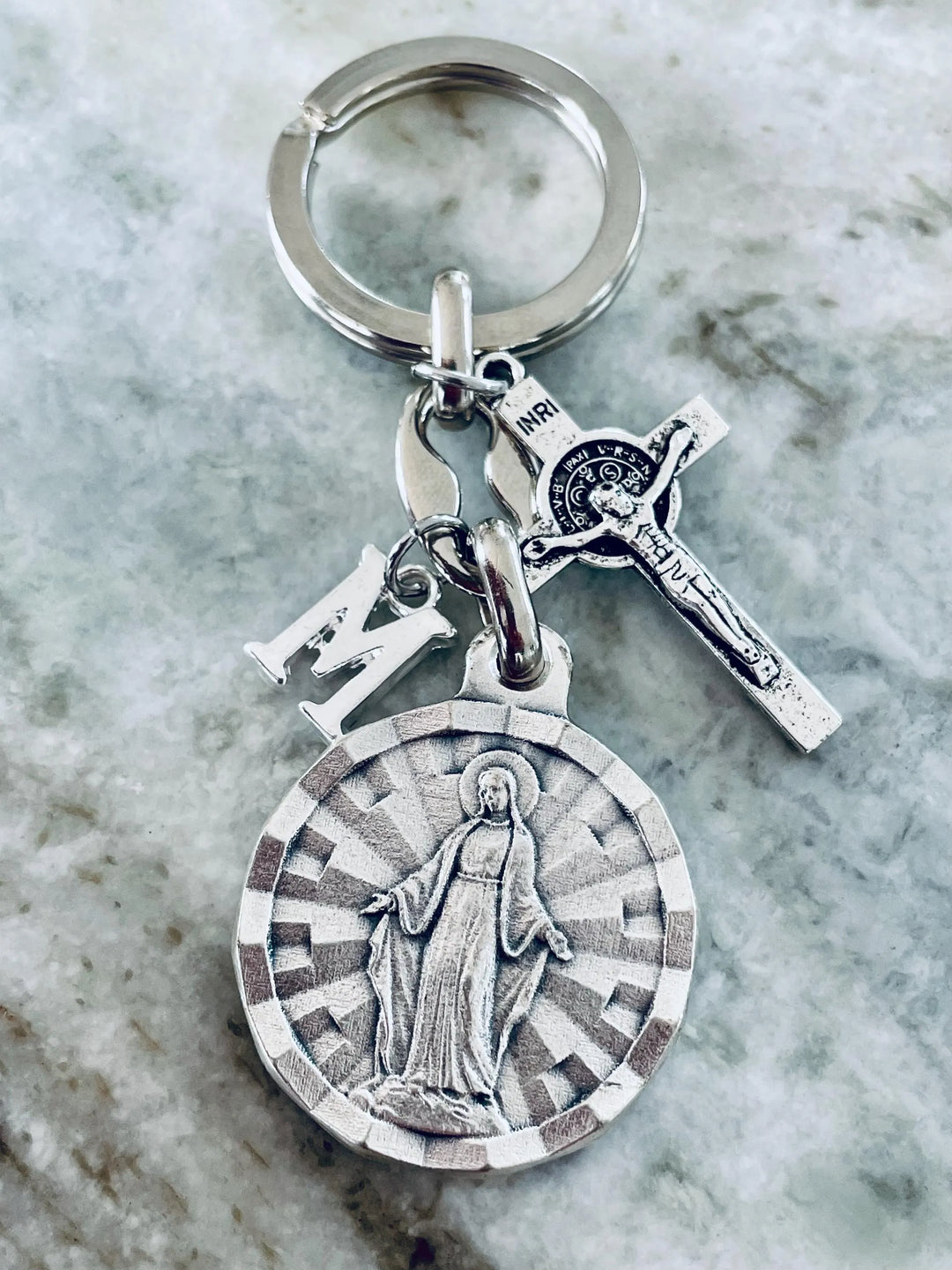 Silver Miraculous Medal Keychain with Cross &amp; Initial Charm