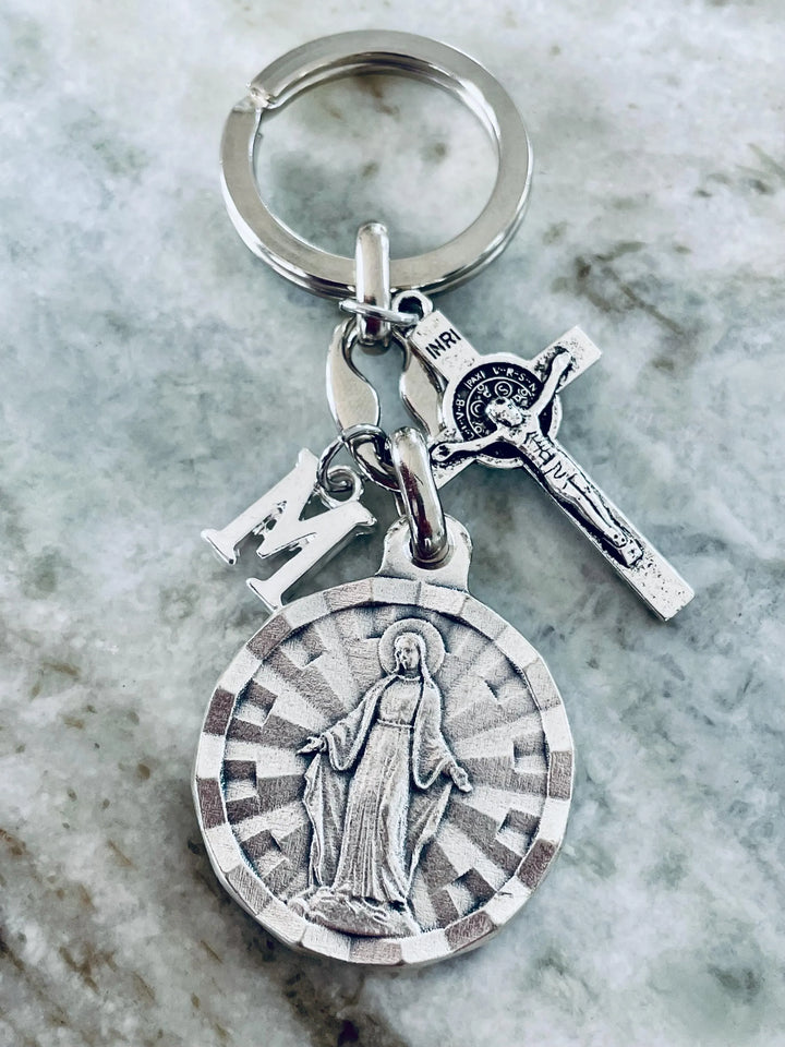 Silver Miraculous Medal Keychain with Cross &amp; Initial Charm