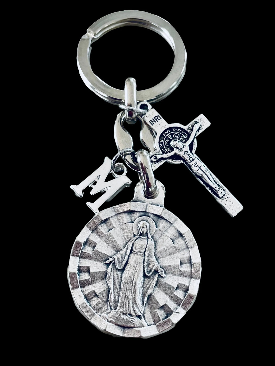 Silver Miraculous Medal Keychain with Cross &amp; Initial Charm