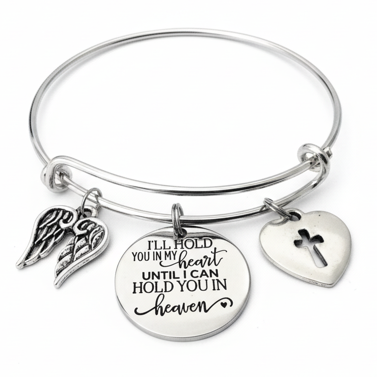 I Will Hold You in My Heart Until I can Hold You in Heaven Expandable Charm Bracelet Adjustable Silver Bangle One Size Fits All Gift Angel Wings Memorial Jewelry Bereavement Gift