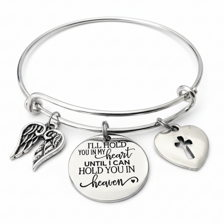 I Will Hold You in My Heart Until I can Hold You in Heaven Expandable Charm Bracelet Adjustable Silver Bangle One Size Fits All Gift Angel Wings Memorial Jewelry Bereavement Gift