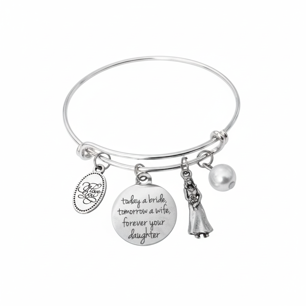 Silver expandable bangle bracelet showing full circle with Today a Bride Tomorrow a Wife Forever Your Daughter engraved disc charm, bride figurine, pearl bead, and I Love You oval charm