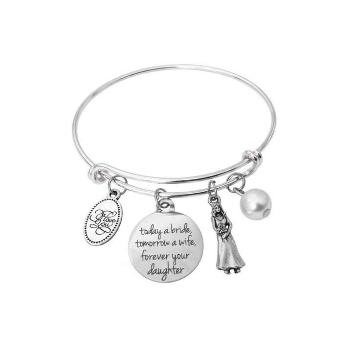 Silver expandable bangle bracelet showing full circle with Today a Bride Tomorrow a Wife Forever Your Daughter engraved disc charm, bride figurine, pearl bead, and I Love You oval charm