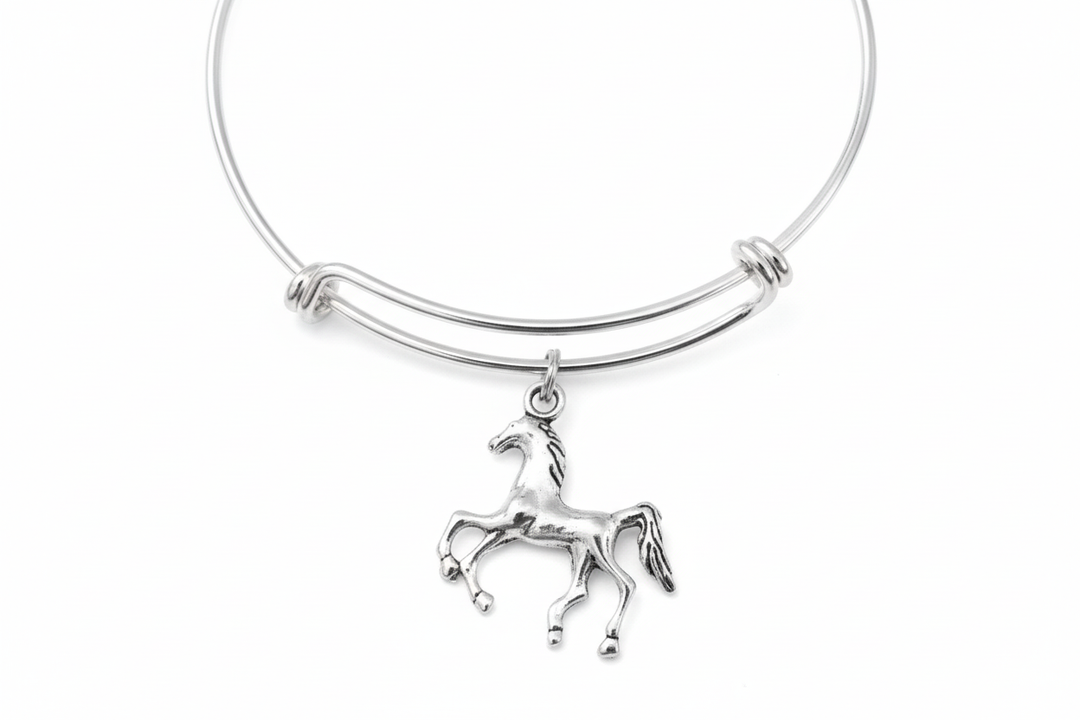 Silver plated horse charm bracelet with detailed galloping horse charm on expandable adjustable bangle, equestrian jewelry gift for horse lovers, one size fits all, handmade in USA